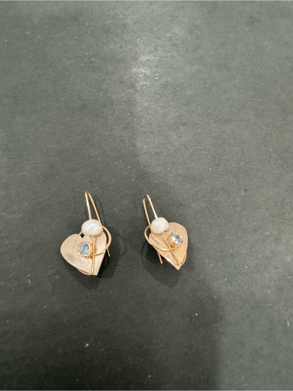 Handcrafted Gold Heart Drop Earrings with Pearl and Crystal. Alice Kline